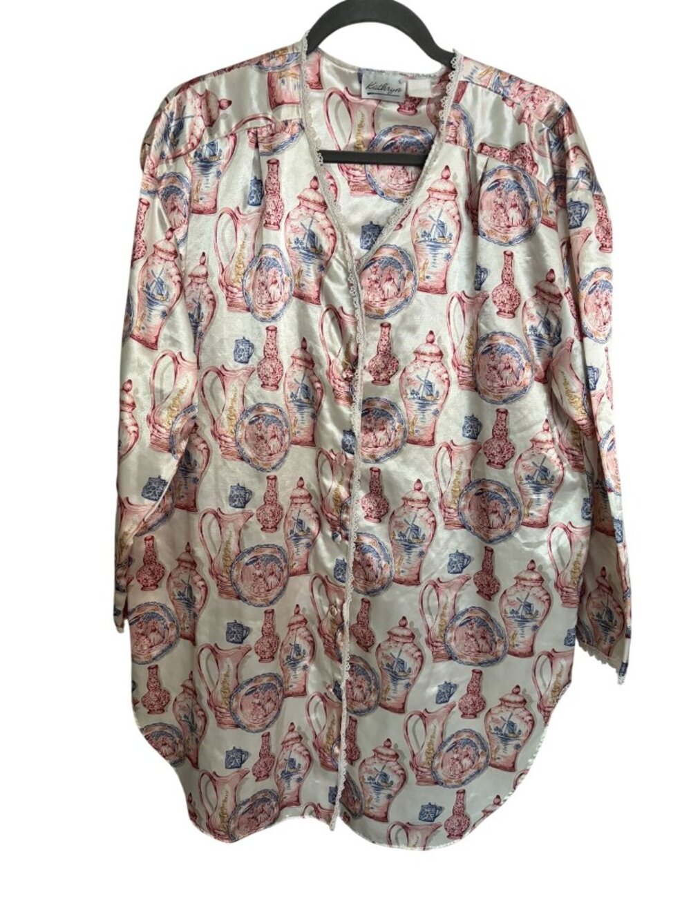 Vintage Kathryn Button up Porcelain Pitcher Print Long Sleeves Nightgown Womens